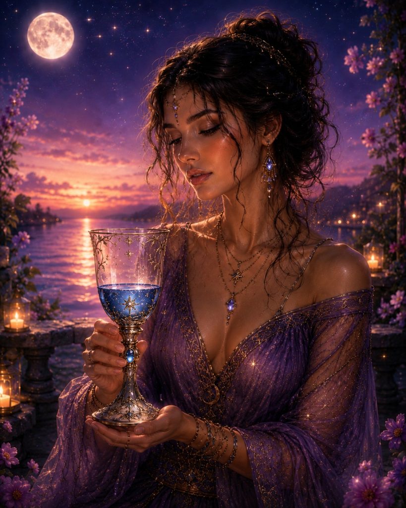 A mystical woman holding a delicate silver and blue half empty chalice at sunset in a fantasy-style pick a card reading choose a chalice image.