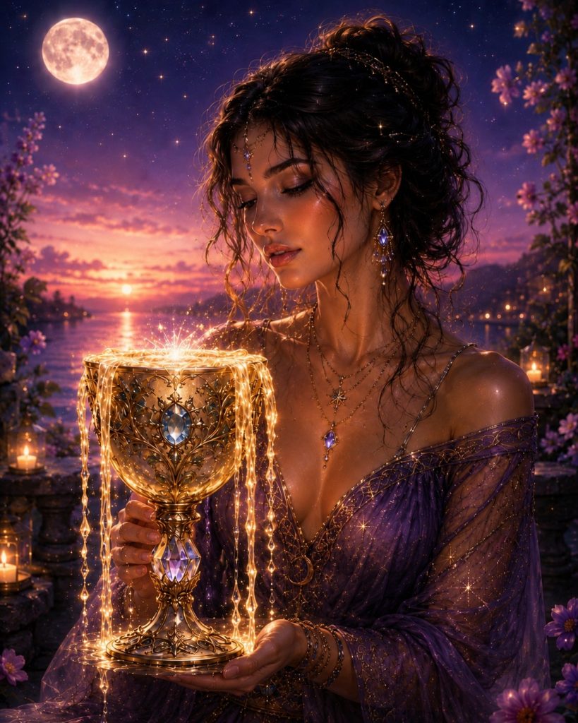 A mystical woman holding a radiant overflowing golden chalice with sparkling light streaming over the sides in a pick a card reading choose a chalice image.