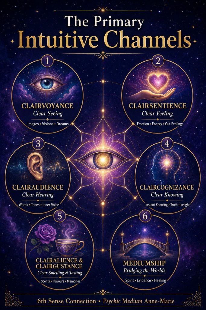 Infographic explaining the six primary intuitive channels: clairvoyance, clairsentience, clairaudience, claircognizance, clairalience and clairgustance, and mediumship.