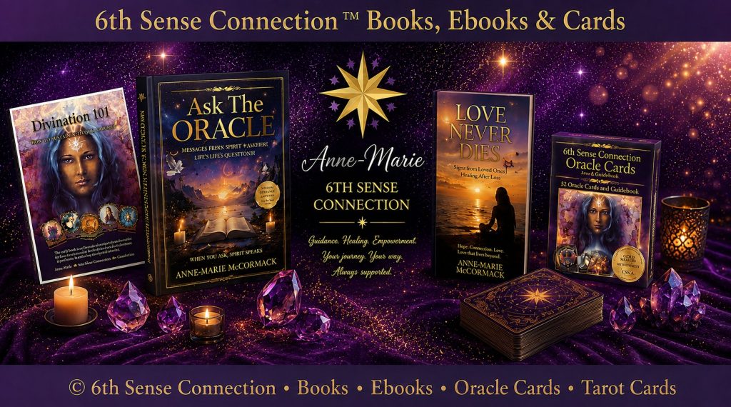 6th Sense Connection books, ebooks, oracle cards and Tarot cards displayed against a purple cosmic background