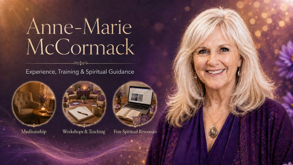 Anne-Marie McCormack, psychic medium and spiritual teacher, with features representing mediumship, workshops and free spiritual resources.