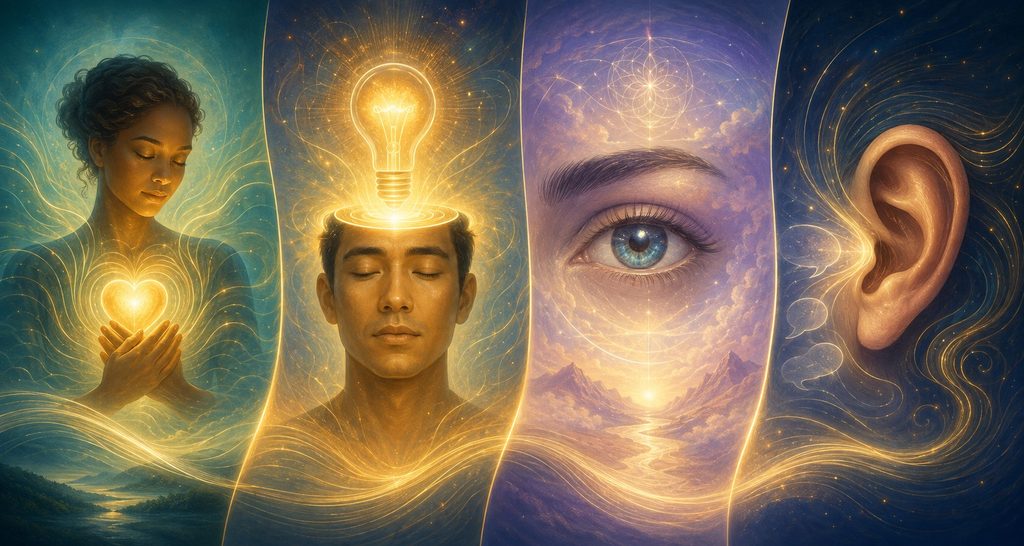Four intuitive pathways represented by a glowing heart, a light bulb, an eye and an ear: feeling, knowing, seeing and hearing.
