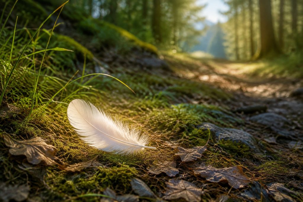 White feather resting on moss in a sunlit woodland, representing nature and spiritual signs.
