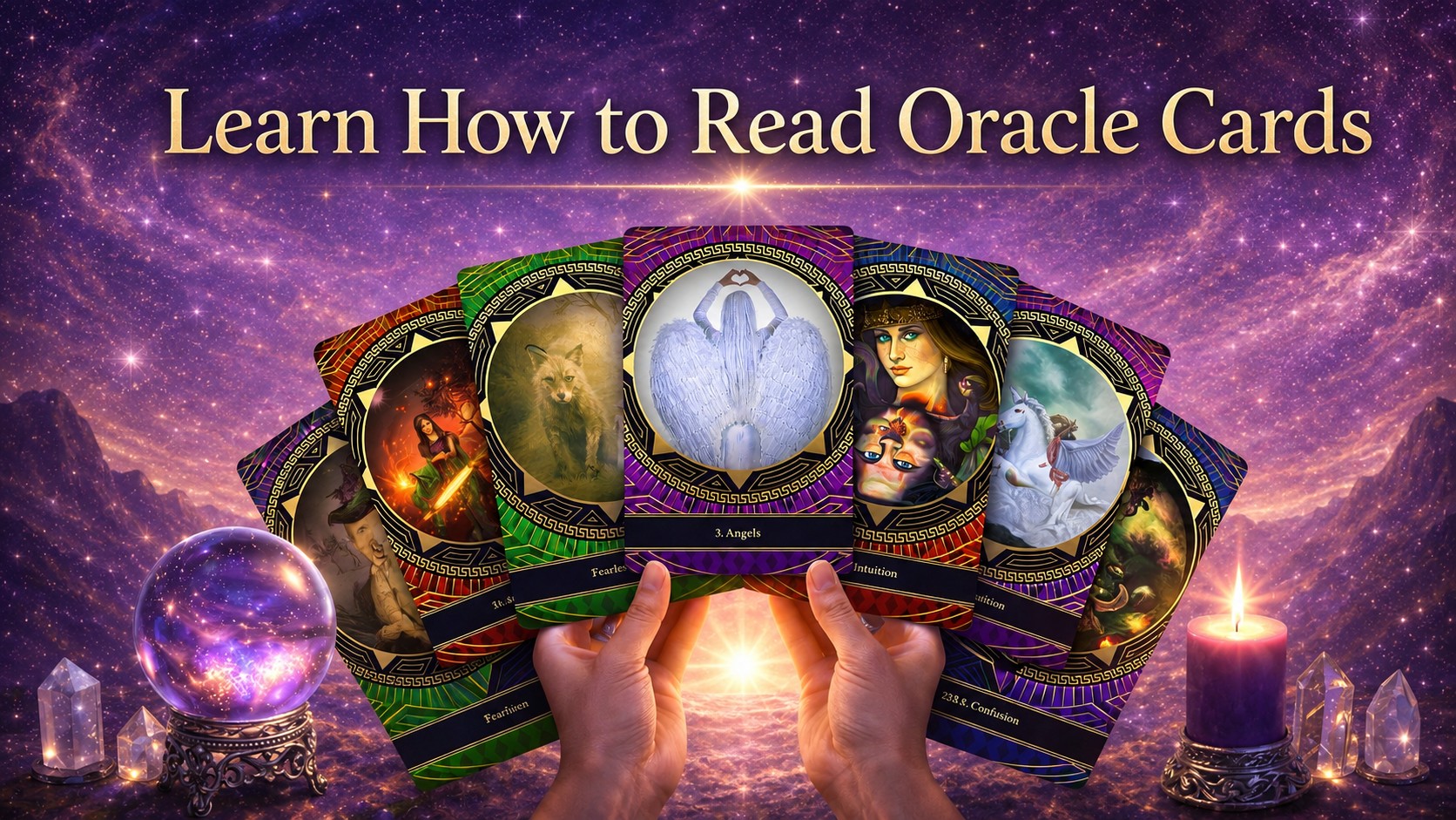 Hands holding colourful Oracle cards with a crystal ball and candle beneath the words Learn How to Read Oracle Cards