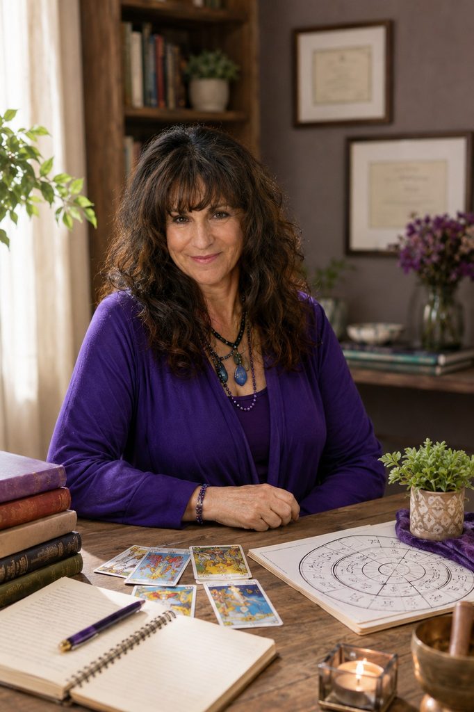 Sherre Wellins seated with Tarot cards, astrology materials and books representing her experience and qualifications