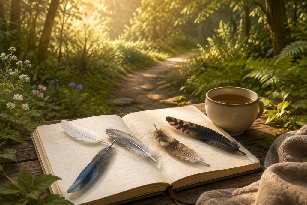 Different coloured feathers resting on an open journal in a peaceful woodland setting, representing personal spiritual meanings and signs.