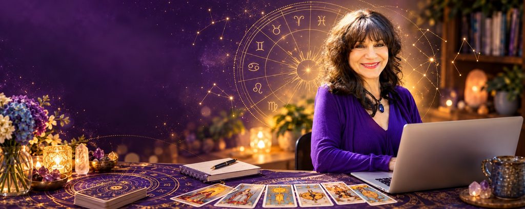 Sherre Wellins smiling beside an open laptop, with tarot cards on the desk and a golden zodiac wheel against a purple background.