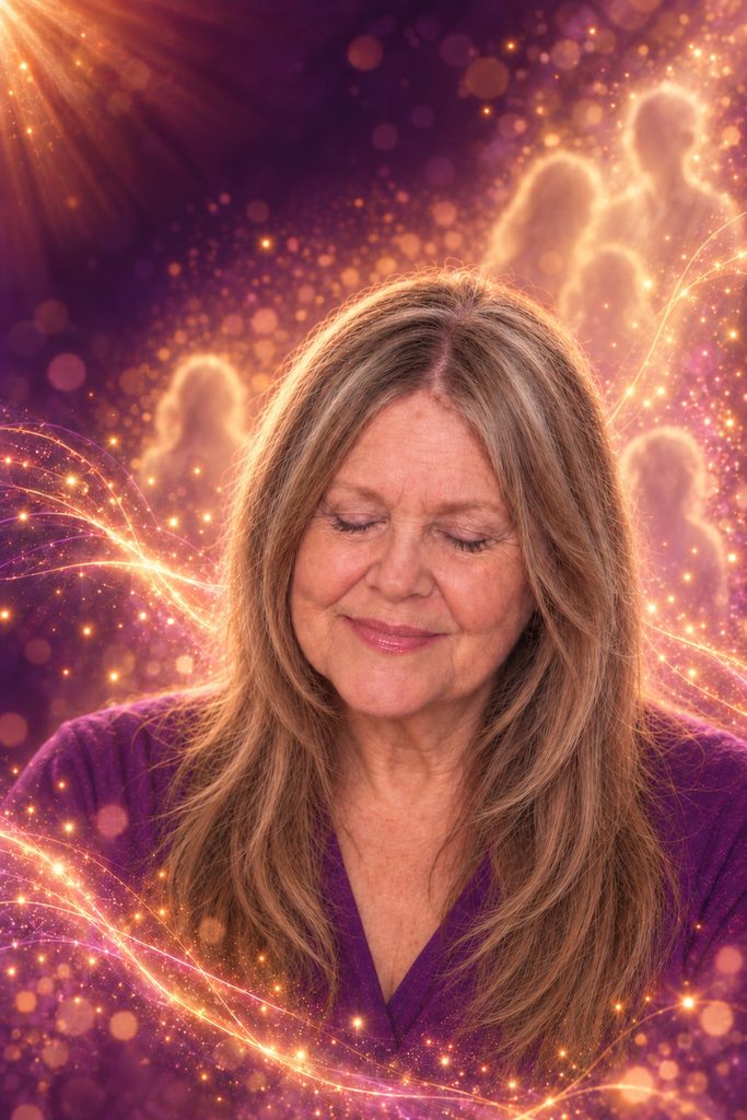 Trish Smith with long hair and eyes gently closed, against a purple-and-gold background with soft, glowing figures.