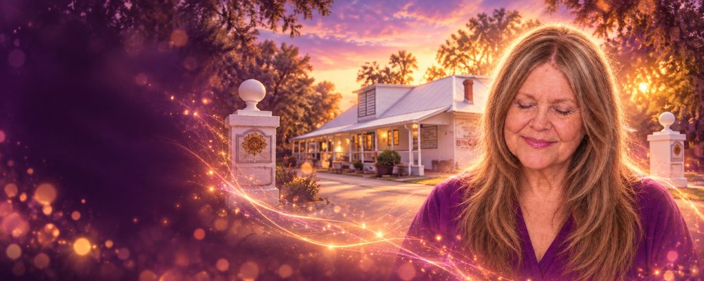 Trish Smith with her eyes gently closed, pictured against the Southern Cassadaga Spiritualist Camp entrance in warm purple and golden light.