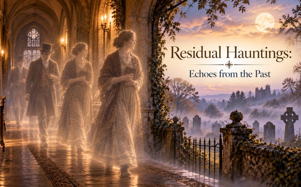 Ghostly figures of ordinary people from the past walking through an old stone corridor beside a misty graveyard, illustrating residual hauntings and echoes from the past.